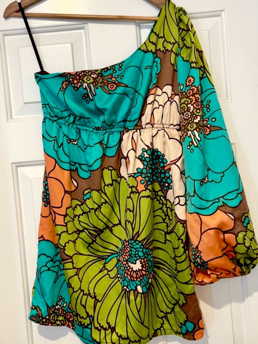 Judith March Retro 70s Floral One Shoulder Mini Dress Medium